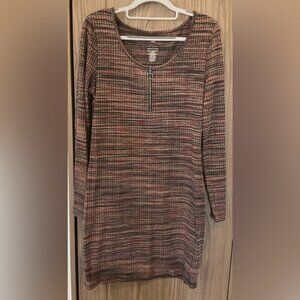 SO Womens ZIP Neck Long Sleeve ribbed Stretchy Round Neck Dress Size L